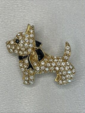Monet Gold Crystal Scotty Dog Pin with Black Enamel Bow